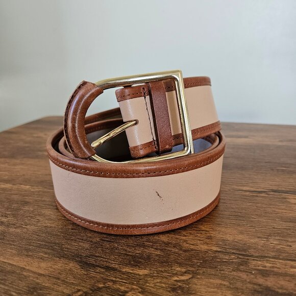 Leather Brown Camel Wide Gold Buckle Classic Minimalist Statement Belt L/XL - Picture 1 of 7
